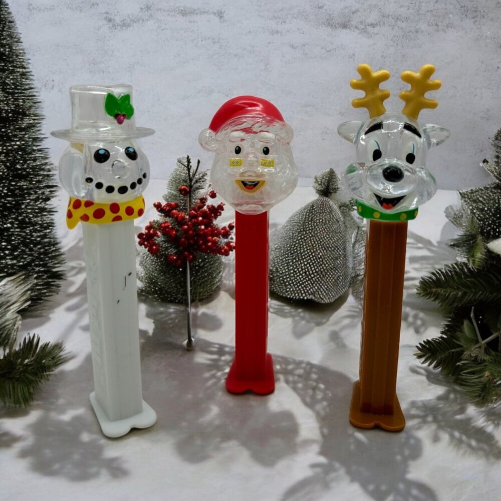 3 VTG Christmas Crystal PEZ Dispensers Santa Snowman Reindeer Collectible 2002